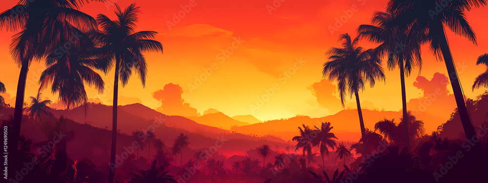 Obraz premium Silhouetted Palm Trees Against Fiery Sunset