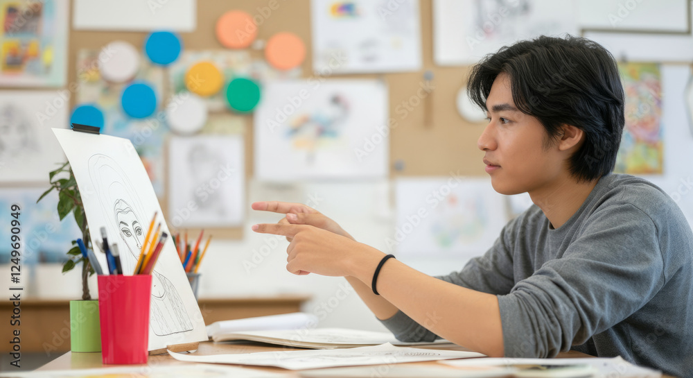 A man is pointing at a drawing on a computer screen A man is pointing at a drawing on a computer screen