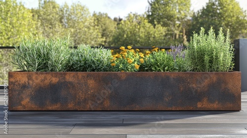 Rustic planter box on deck with herbs and flowers
