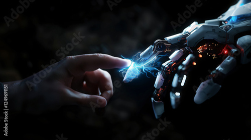 white glowing cyborg Robotic finger to touching Human finger connection system concept, making contact, black background, future technology concept