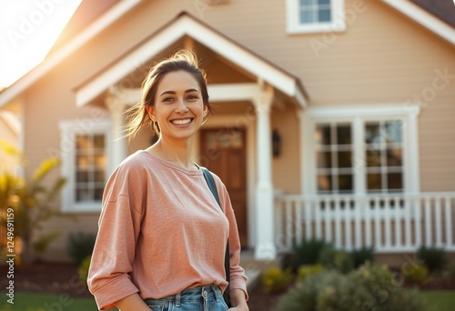 Warm and inviting portrait of a happy female in front of a private house