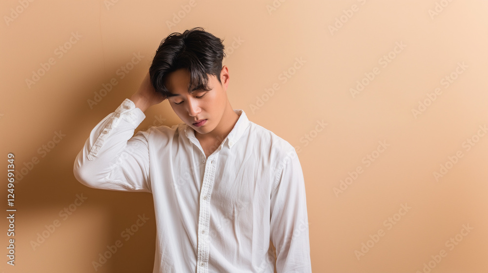 Young Korean man in white shirt standing against beige wall Young Korean man in white shirt standing against beige wall