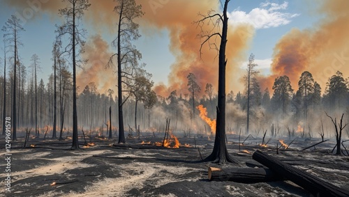 Forest fire consumes trees in a burned landscape under blue skies
