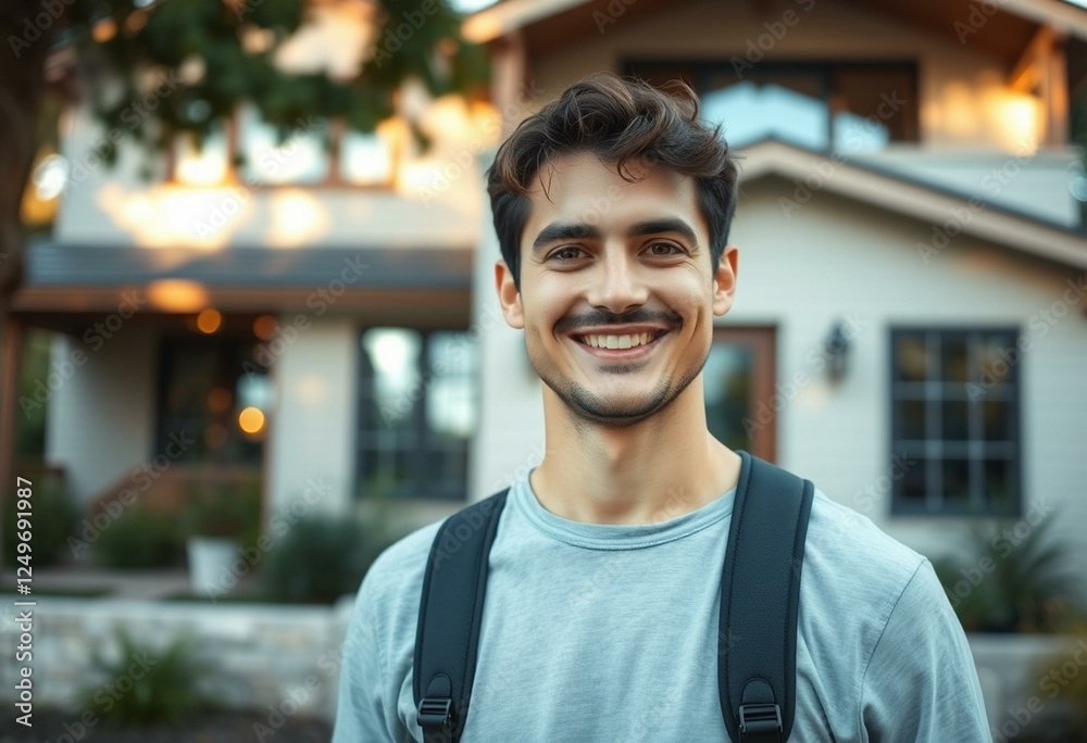 Fototapeta premium Serene residential scene with a happy male