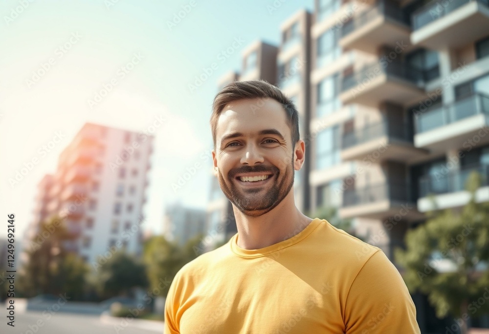 Photorealistic portrait of a happy male in front of a modern apartment building Photorealistic portrait of a happy male in front of a modern apartment building
