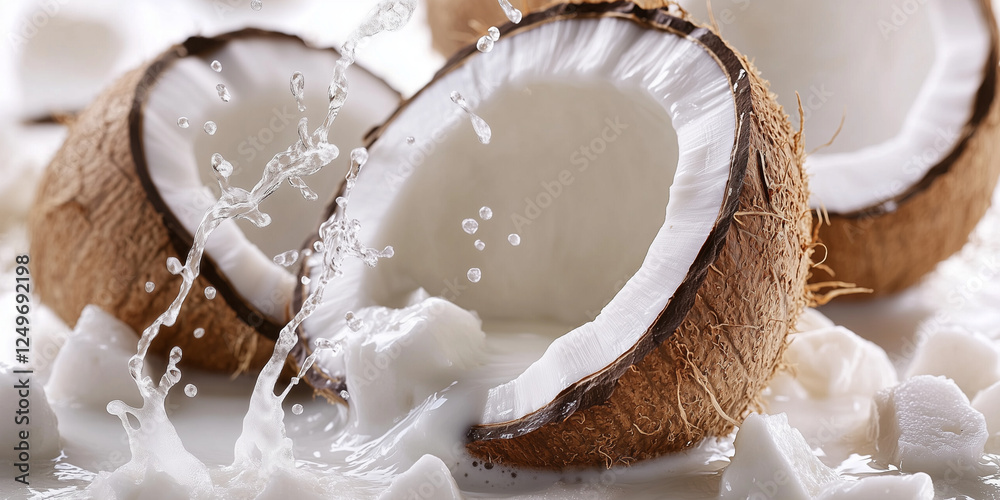 Coconut milk splashing out from split coconut fruit and piece of coconut