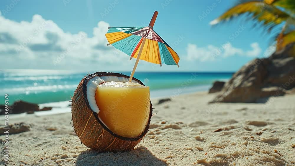 Refreshing tropical coconut drink with a colorful umbrella on the sandy beach