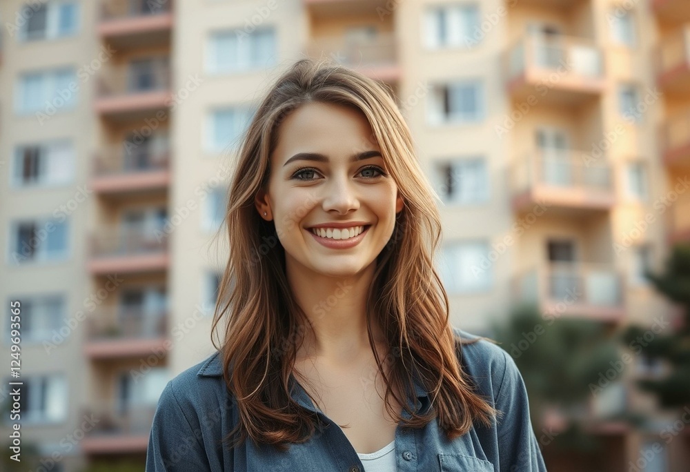Happy female portrait in front of a residential apartment building Happy female portrait in front of a residential apartment building