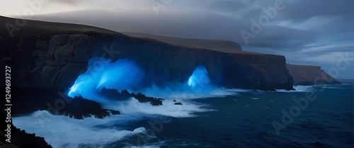 A striking image of a cobalt blue ocean clashing against rugged cliffs showcasing the power and beauty of the natural world photo