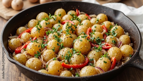 Delicious golden skillet potatoes with onions bell peppers and parsley sizzling in a cast iron pan Perfect for food blogs and recipes