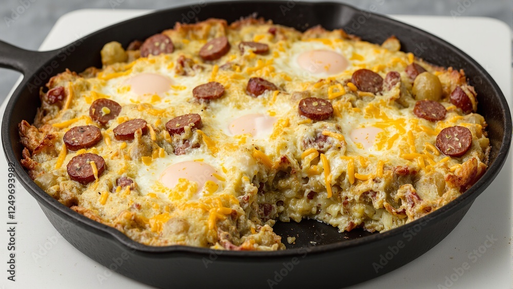 Delicious breakfast casserole with eggs sausage cheese and potatoes fresh out of the oven in a rustic cast iron skillet Delicious breakfast casserole with eggs sausage cheese and potatoes fresh out of the oven in a rustic cast iron skillet