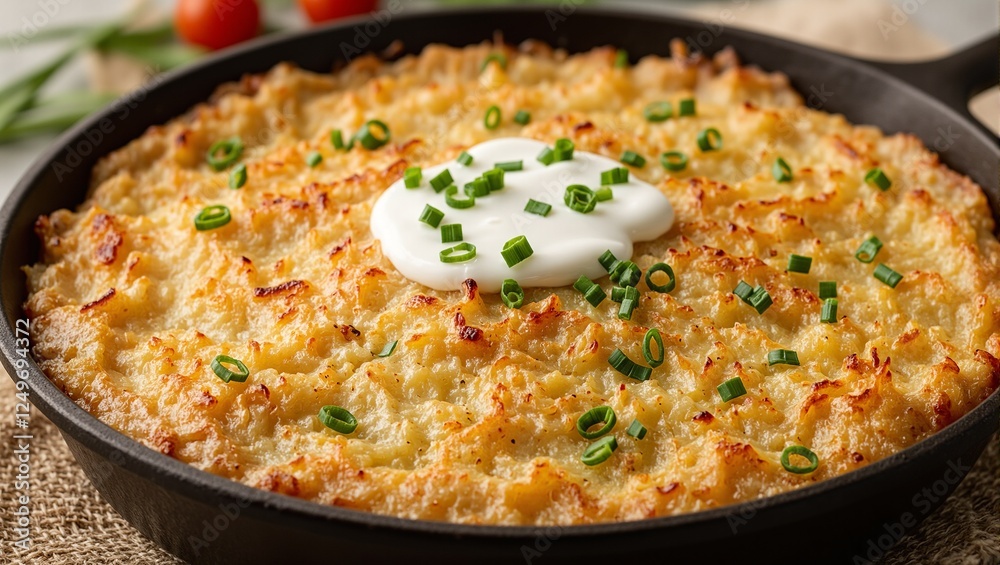 Crispy golden hash browns in a skillet topped with sour cream and chives Comfort food concept Crispy golden hash browns in a skillet topped with sour cream and chives Comfort food concept