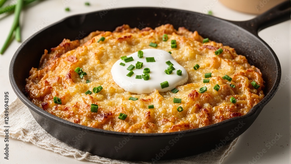 Crispy golden hash browns in a skillet topped with sour cream and chives Comfort food concept Crispy golden hash browns in a skillet topped with sour cream and chives Comfort food concept