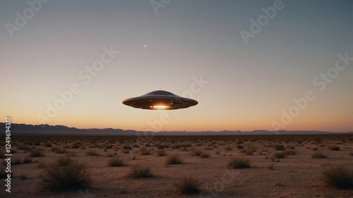 Mysterious UFO hovers over desert landscape during sunset