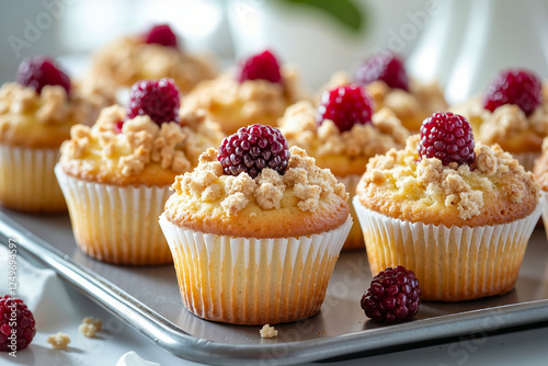 A tray of muffins with raspberries on top of them on a table photo