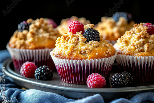 A plate of muffins with berries on top of them photo