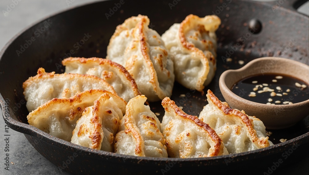 Delicious pan fried dumplings with golden crispy edges served with soy dipping sauce and sesame seeds A mouth watering Asian cuisine image Delicious pan fried dumplings with golden crispy edges served with soy dipping sauce and sesame seeds A mouth watering Asian cuisine image