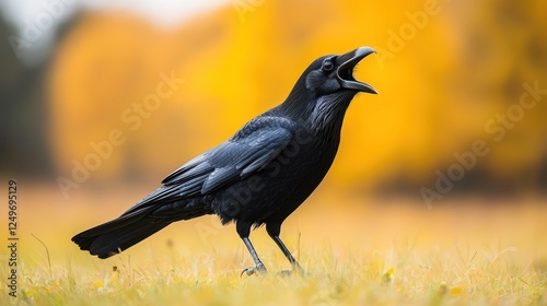 Raven calling in autumnal forest photo