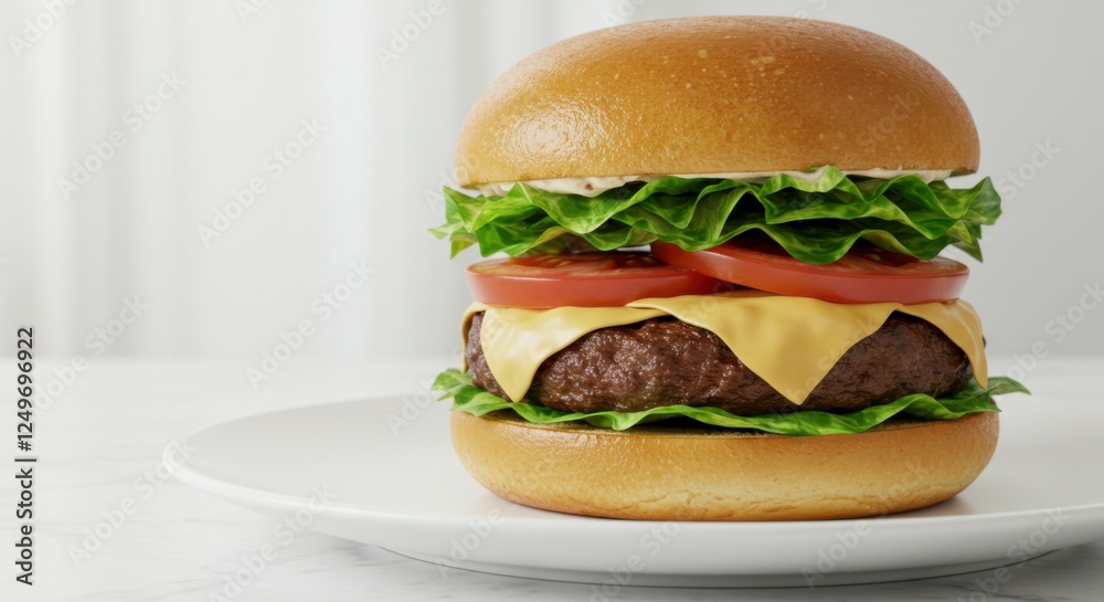 A perfectly layered gourmet burger with crisp greens, photographed in a minimalist food setting. A perfectly layered gourmet burger with crisp greens, photographed in a minimalist food setting.