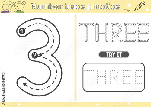 number tracing activity page and  practice page with outline vector illustration for Pre-school Kids
