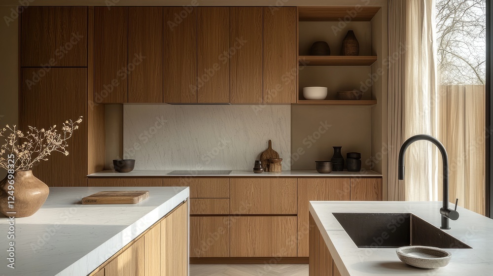 Fototapeta premium Modern Minimalist Kitchen with Wood Cabinets and Natural Light