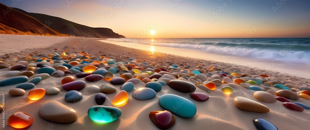 Obraz premium A serene image of colored stones scattered along a sandy beach celebrating natures artfulness in a world of color and texture