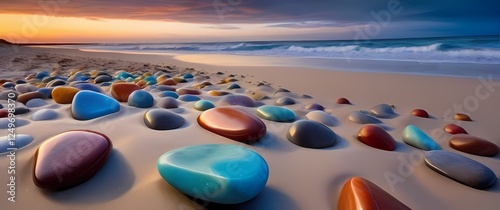 A serene image of colored stones scattered along a sandy beach celebrating natures artfulness in a world of color and texture
