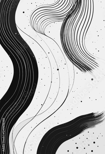 Curved lines and dots in black and white, creating a sense of movement and energy. Vector patterns, random pattern