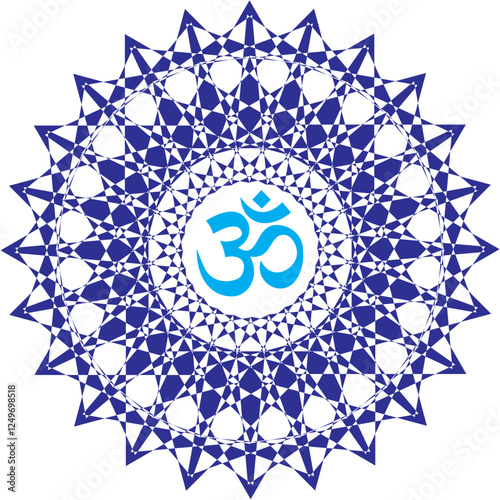Openwork mandalas of blue color with red signs Aum, Om, Ohm. Vector graphics