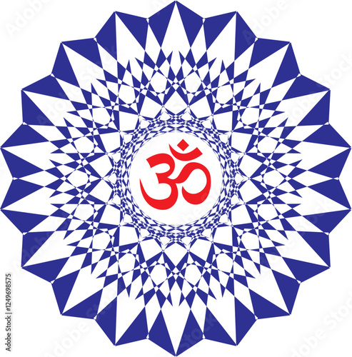 Openwork mandalas of blue color with red signs Aum, Om, Ohm. Vector graphics