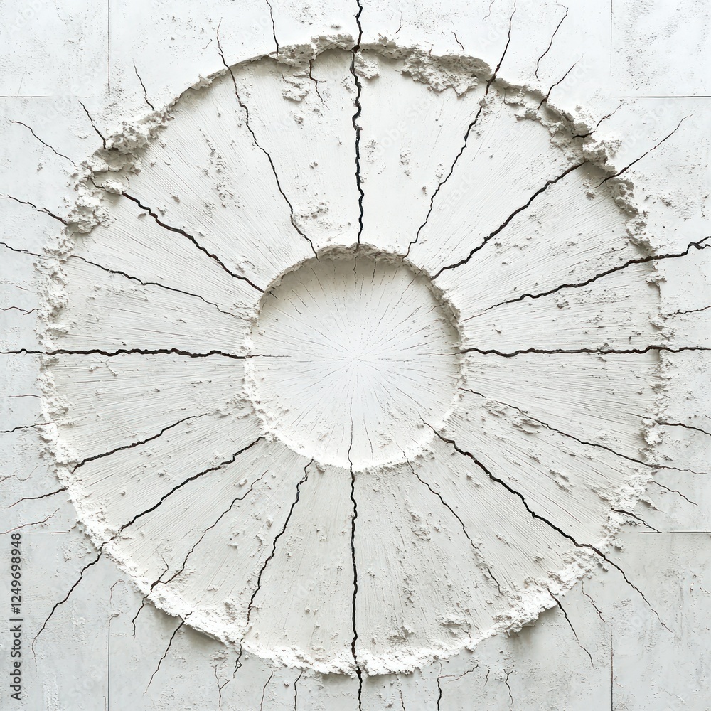 Obraz premium Abstract circular relief sculpture, radiating cracks, smooth center, museum display
