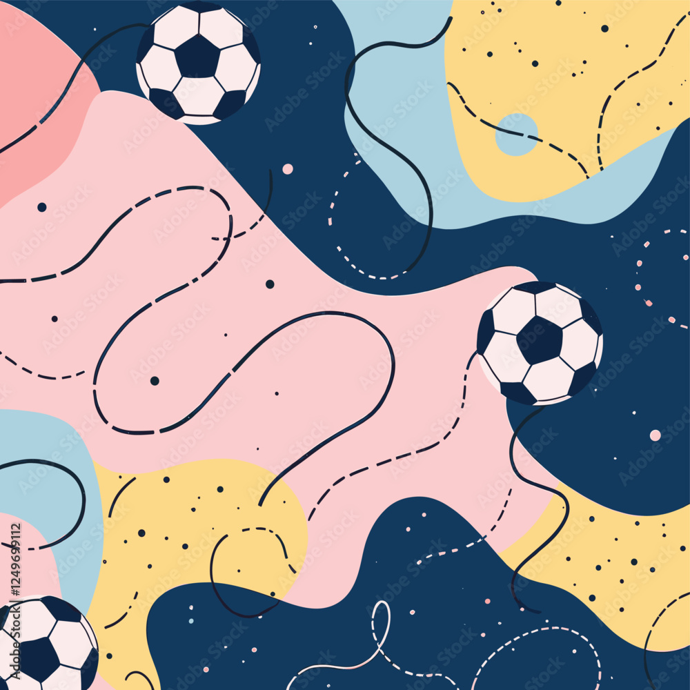 Fototapeta premium Soccer balls in various colors, including pink, blue, yellow, and black, with wavy lines and dots scattered throughout. Vector patterns, random pattern