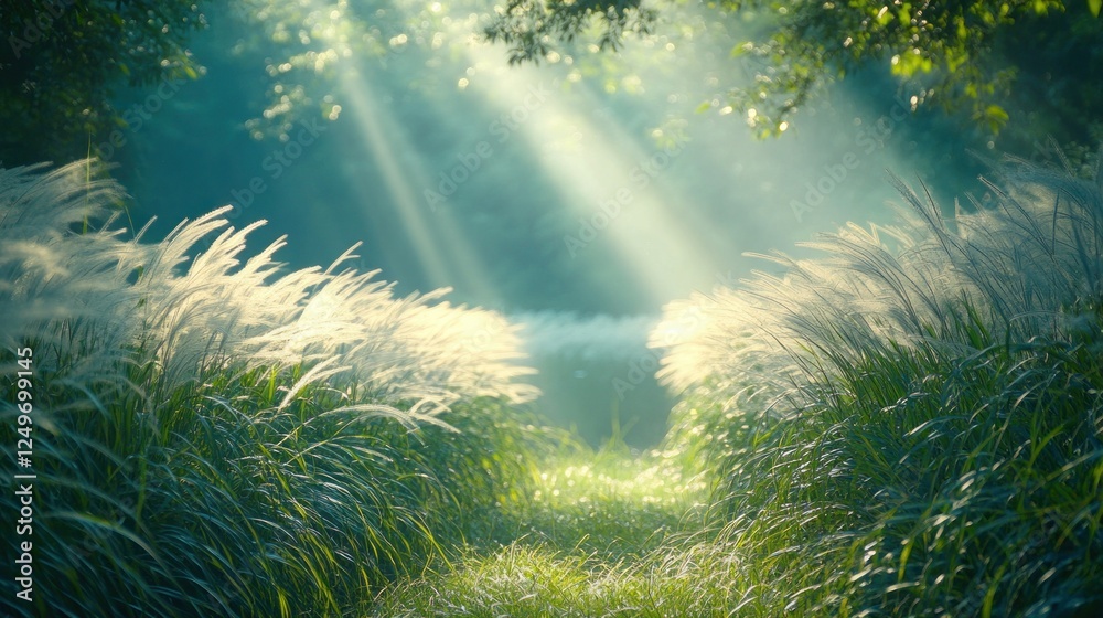 Obraz premium Sunbeams illuminate path through misty morning meadow