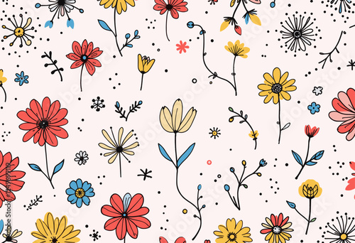 A variety of flowers and plants in different colors, including red, yellow, orange, blue, and green, arranged in a scattered and random manner. Vector patterns, random pattern
