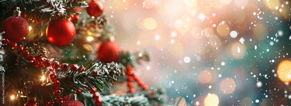 Christmas Tree With Baubles And Blurred Shiny Lights. christmas tree with gift boxes on beautiful winter scenery, copy space Christmas Tree With Baubles And Blurred Shiny Lights. christmas tree with gift boxes on beautiful winter scenery, copy space