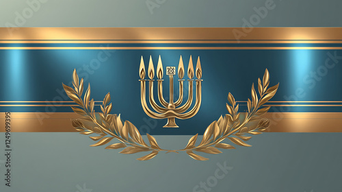 Elegant golden menorah with laurel wreath on a decorative blue and gold banner symbolizing heritage victory and faith  
 photo