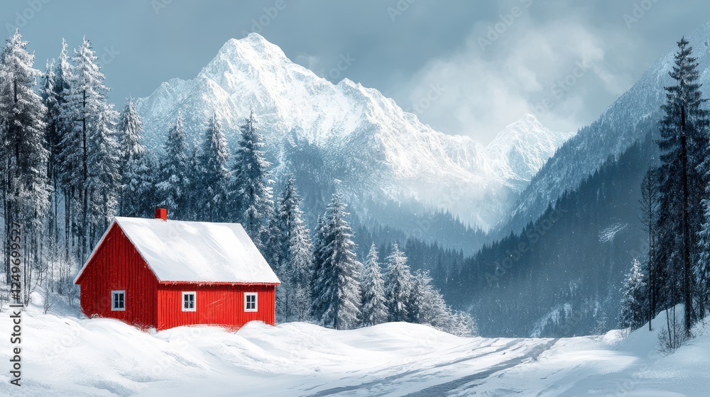 Fototapeta premium Red cabin, snowy mountains, winter landscape, peaceful scene, travel
