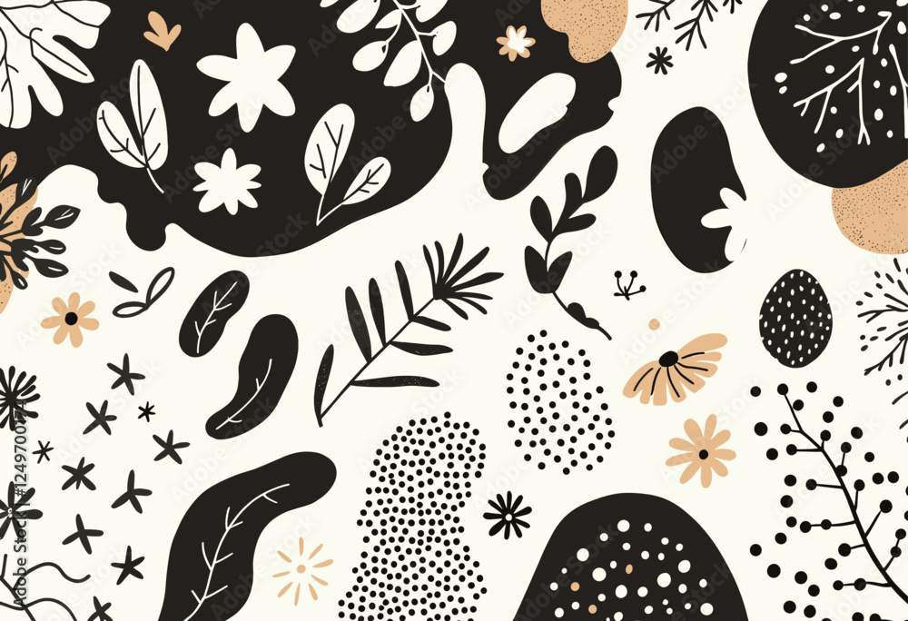 A variety of black, white, and brown shapes, including flowers, leaves, and dots, arranged in a visually appealing and dynamic composition. Vector patterns, random pattern