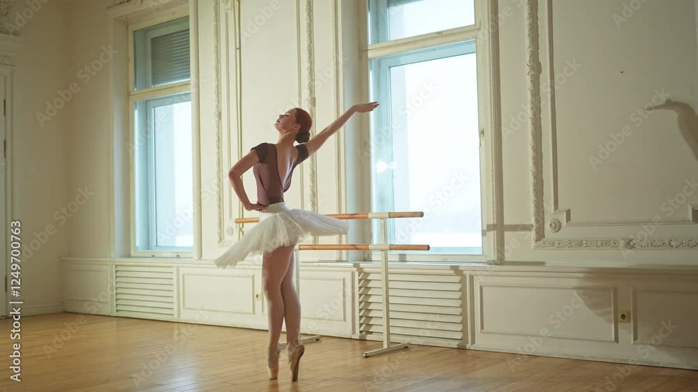 Young ballerina in tutu skirt dancing practicing ballet positions in dance class. Young classical dancer woman in dance studio. Ballet class training. Performer girl rehearsing dance in ballet school Young ballerina in tutu skirt dancing practicing ballet positions in dance class. Young classical dancer woman in dance studio. Ballet class training. Performer girl rehearsing dance in ballet school