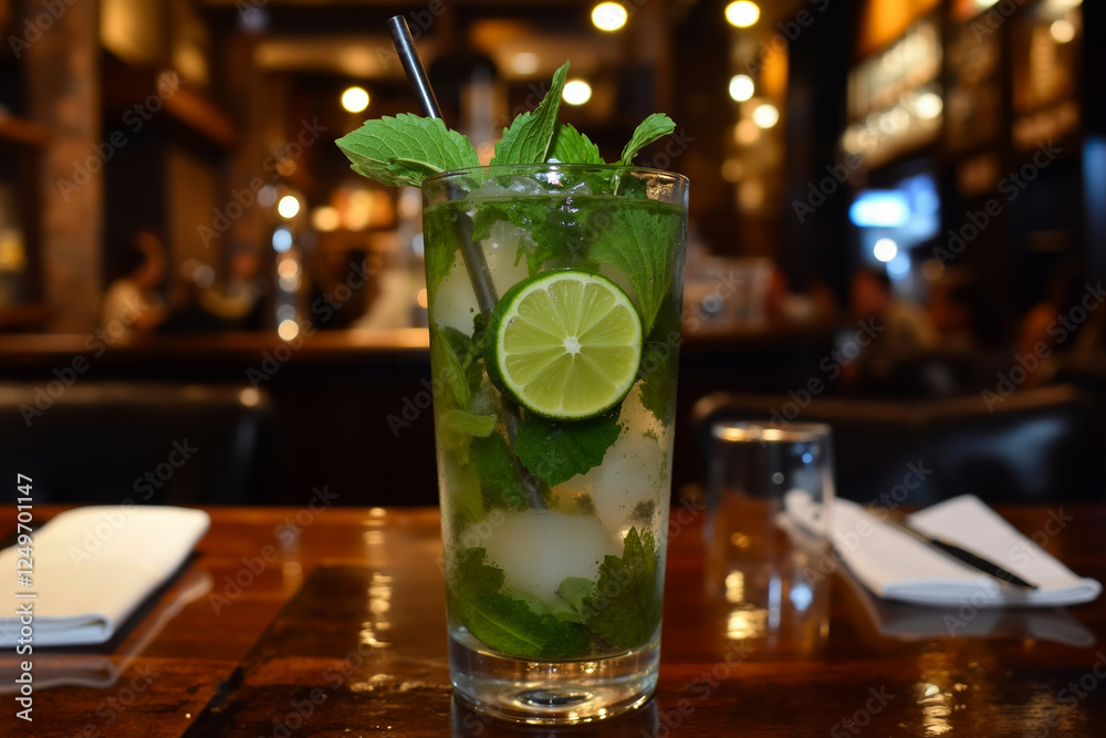 A glass of mojito with a slice of lime and mint on a table A glass of mojito with a slice of lime and mint on a table