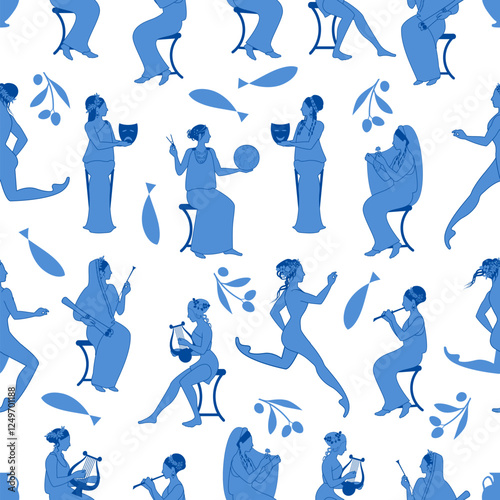 Seamless pattern of mythological scenes from ancient Greece