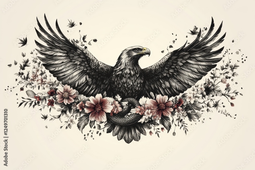 Obraz premium A detailed illustration of an eagle surrounded by flowers and foliage.