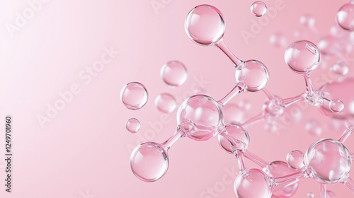 Pink Molecule Bonds: Abstract image of translucent spheres interconnected, resembling molecular bonds, set against a soft pink backdrop. Evokes concepts of science, connection, and beauty. 