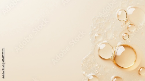 Golden Oil Drops on Beige Background: Abstract beauty with golden oil droplets coalescing on a beige background, offering a luxurious, minimalist, and elegant visual for cosmetics, skincare. photo