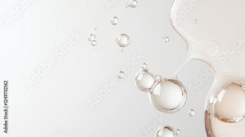 Liquid Bubbles Abstract:  Close-up shot of  translucent bubbles of liquid, some large, some small, coalescing and floating on a subtle, light surface, creating an ethereal and abstract image.