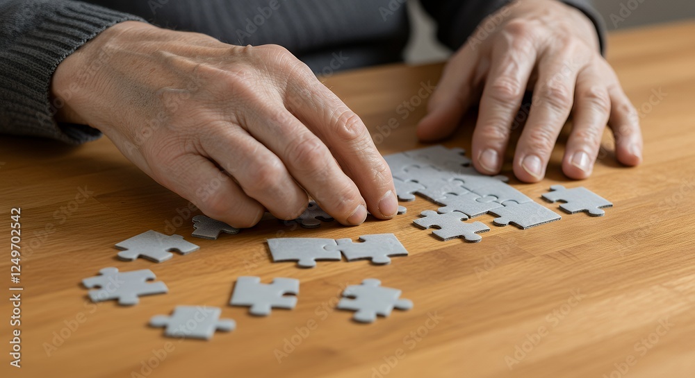 Aged hands solving a grey jigsaw puzzle on a wooden table. Mental stimulation. Aged hands solving a grey jigsaw puzzle on a wooden table. Mental stimulation.