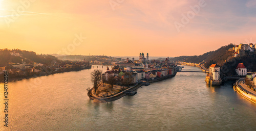 BEautiful city of Passau, Bavaria, Germany, at sunset in winter