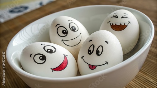 White eggs with drawn funny cartoon faces with different funny emotions , lying in a white bowl. For various creative projects and promotional materials. photo