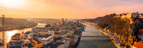 BEautiful city of Passau, Bavaria, Germany, at sunset in winter
