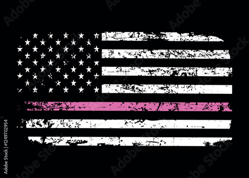 Breast Cancer Awareness Support Grunge Flag, USA Flag Thin Pink Line Design,.